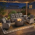thumbnail image 1 of Opohoro 5 Pieces Outdoor Conversation Set with 43" Metal Fire Pit Table, Gray Rattan Sofa Set with Swivel Rocker Chairs and End Table, Gray for Patio Backyard, 1 of 16
