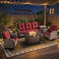 thumbnail image 1 of Opohoro 5 Pieces Outdoor Conversation Set with 43" Metal Fire Pit Table, Gray Rattan Sofa Set with Swivel Rocker Chairs and End Table, Red for Patio Backyard, 1 of 16