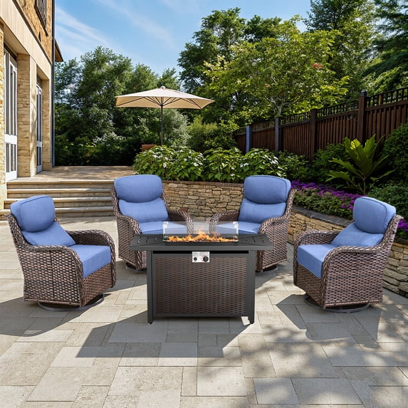 Opohoro 5 Pieces Outdoor Conversation Set with 43" Rectangular Fire Pit Table, Brown Rattan Furniture Set with Swivel Rocker Chairs, Blue for Patio Backyard Deck