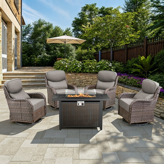 Opohoro 5 Pieces Outdoor Conversation Set with 43" Rectangular Fire Pit Table, Brown Rattan Furniture Set with Swivel Rocker Chairs, Gray for Patio Backyard Deck