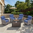 thumbnail image 1 of Opohoro 5 Pieces Outdoor Conversation Set with 43" Rectangular Fire Pit Table, Gray Rattan Furniture Set with Swivel Rocker Chairs, Blue for Patio Backyard Deck, 1 of 15