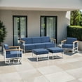 thumbnail image 1 of Opohoro 5-Pieces Outdoor Conversation Set with Powder Coated Steel Patio Sofa and Swivel Rocking Chairs, Blue, 1 of 12