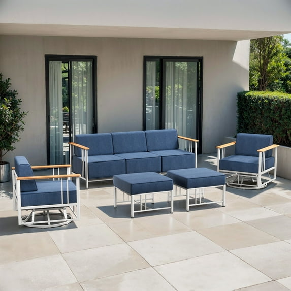 Opohoro 5-Pieces Outdoor Conversation Set with Powder Coated Steel Patio Sofa and Swivel Rocking Chairs, Blue