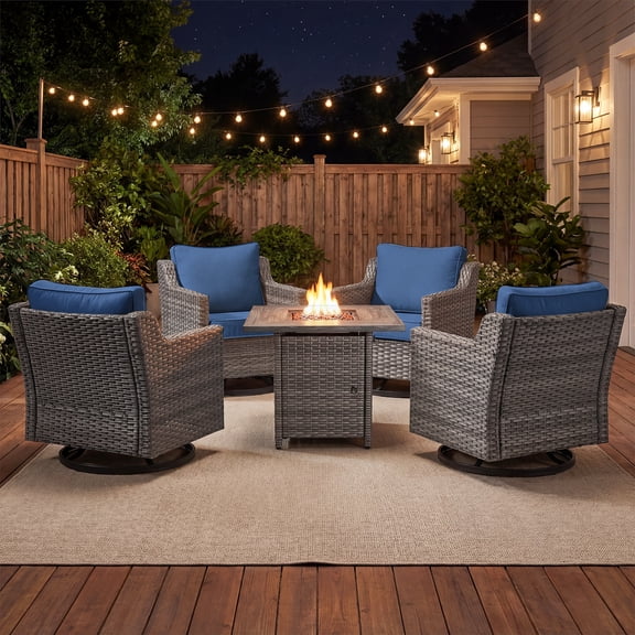 Opohoro 5 Piece Outdoor Rattan Fire Pit Set with Swivel Rocker Chairs and Square Fire Pit Table, All-Weather Wicker Conversation Set for Porch, Deck, Balcony