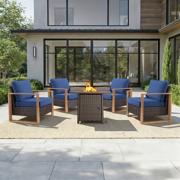 Opohoro 5PCS Outdoor Conversation Set with 30" Wicker Fire Pit Table, Brown Rattan Fire Pit Set with 4 Lounge Chairs, Blue for Patio Backyard