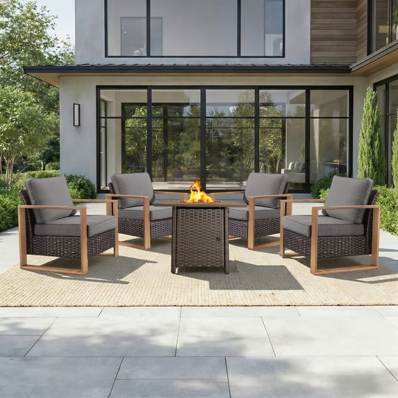 Opohoro 5PCS Outdoor Conversation Set with 30" Wicker Fire Pit Table, Brown Rattan Fire Pit Set with 4 Lounge Chairs, Gray for Patio Backyard