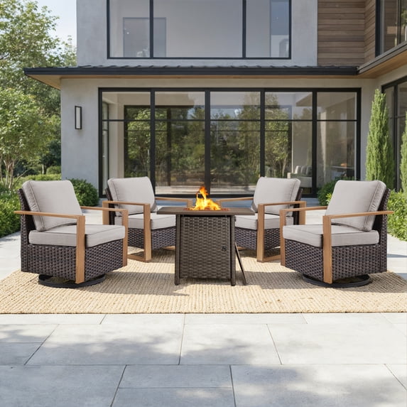 Opohoro 5PCS Outdoor Conversation Set with 30" Wicker Fire Pit Table, Brown Rattan Fire Pit Set with 4 Patio Chairs, Beige for Patio Backyard