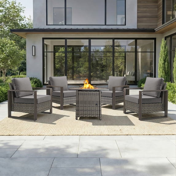 Opohoro 5PCS Outdoor Conversation Set with 30" Wicker Fire Pit Table, Gray Rattan Fire Pit Set with 4 Lounge Chairs, Gray for Patio Backyard