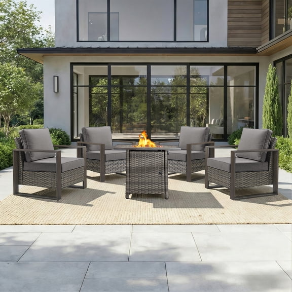 Opohoro 5PCS Outdoor Conversation Set with 30" Wicker Fire Pit Table, Gray Rattan Fire Pit Set with 4 Lounge Chairs, Gray for Patio Backyard