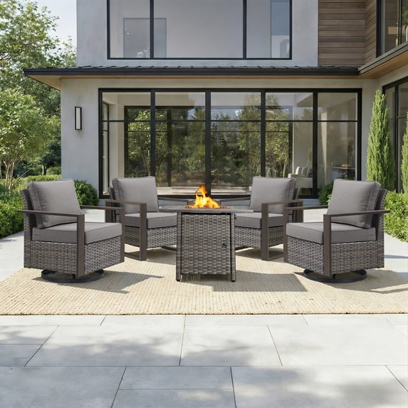 Opohoro 5PCS Outdoor Conversation Set with 30" Wicker Fire Pit Table, Gray Rattan Fire Pit Set with 4 Patio Chairs, Gray for Patio Backyard