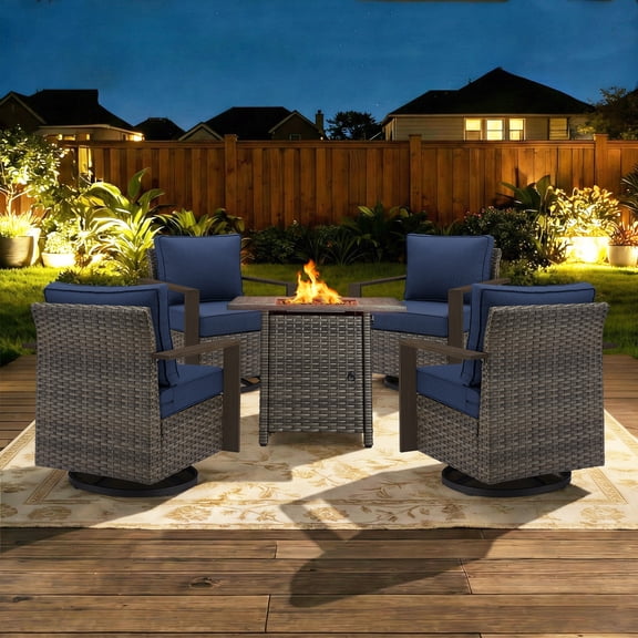 Opohoro 5PCS Outdoor Conversation Set with 30" Wicker Fire Pit Table, Gray Rattan Fire Pit Set with 4 Swivel Rocker Chairs, Blue for Patio Backyard