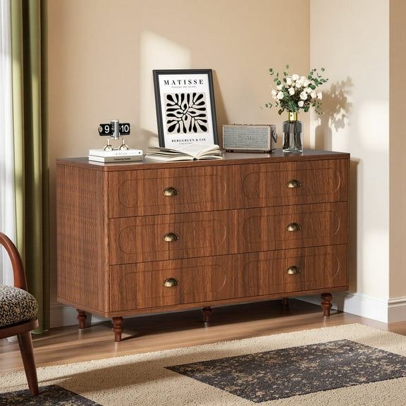 Opohoro 6 Drawer Dresser, 47" Wide Mid-Century Modern Chest of Drawers, Storage Dresser for Bedroom, Walnut