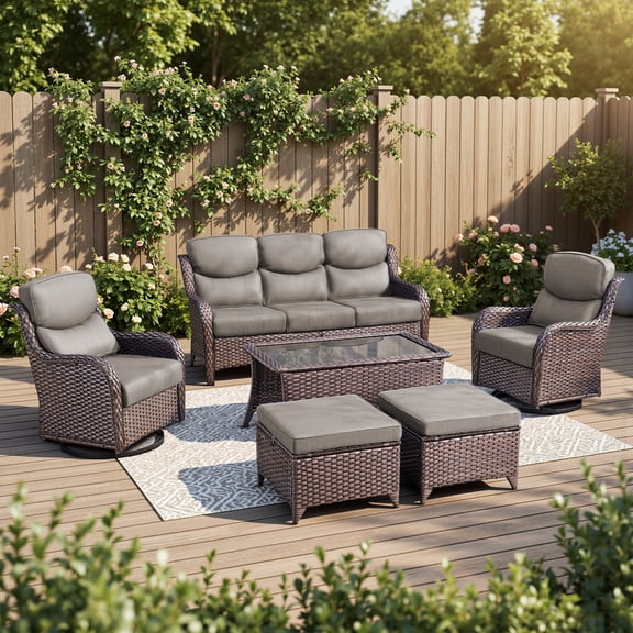 Opohoro 6 PCS Outdoor Patio Conversation Set, Weather Resistant Rattan Sofa Set with Patio Swivel Chairs and Ottomans for Porch, Backyard, Brown/Gray