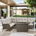 thumbnail image 1 of Opohoro 6-Person Outdoor Wicker Patio Sectional Dning Set with Rectangular Propane Firepit Table for Backyard, Beige, 1 of 13