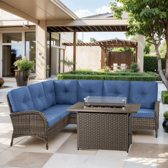 Opohoro 6-Person Outdoor Wicker Patio Sectional Dning Set with Rectangular Propane Firepit Table for Backyard, Blue