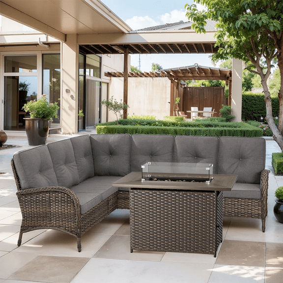 Opohoro 6-Person Outdoor Wicker Patio Sectional Dning Set with Rectangular Propane Firepit Table for Backyard, Gray