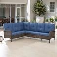 thumbnail image 1 of Opohoro 6-Person Outdoor Wicker Patio Sectional Sofa with Blue Cushions, Brown PE Rattan Modular Sectional, 90.3'' L, 1 of 8