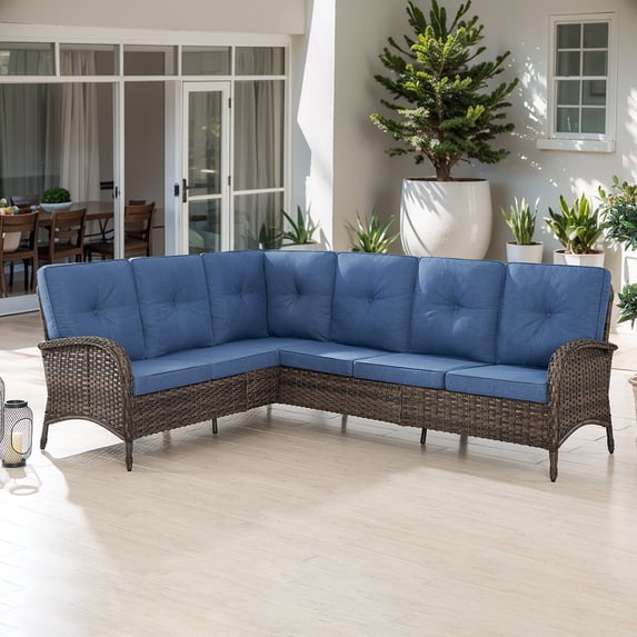 Opohoro 6-Person Outdoor Wicker Patio Sectional Sofa with Blue Cushions, Brown PE Rattan Modular Sectional, 90.3'' L