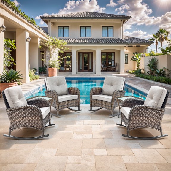 Opohoro 6-Piece Outdoor Conversation Set with Glider Chairs of 4, All-Weather Wicker Furniture Dining Set with Side Tables, Brown/Beige