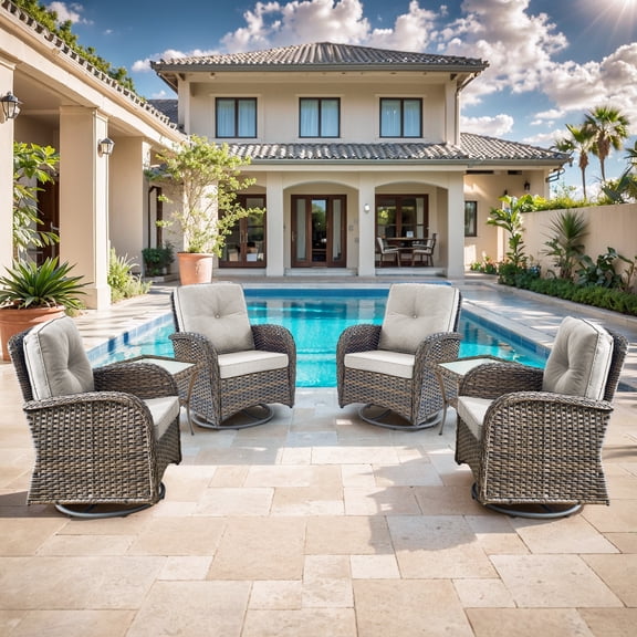 Opohoro 6-Piece Outdoor Conversation Set with Swivel Rocking Chairs of 4, All-Weather Wicker Furniture Dining Set with Side Tables, Brown/Beige