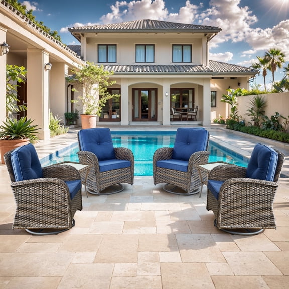 Opohoro 6-Piece Outdoor Conversation Set with Swivel Rocking Chairs of 4, All-Weather Wicker Furniture Dining Set with Side Tables, Brown/Blue