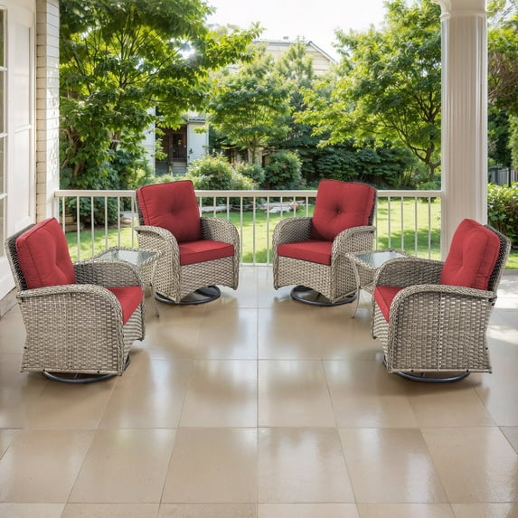 Opohoro 6-Piece Outdoor Conversation Set with Swivel Rocking Chairs of 4, All-Weather Wicker Furniture Dining Set with Side Tables, Gray/Red