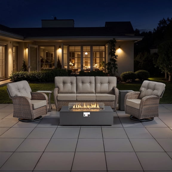 Opohoro 6-Piece Outdoor Patio Conversation Sofa Set with T Shape Cushions, 43" Fire Pit Table, Propane Tank Cover for Deck Backyard
