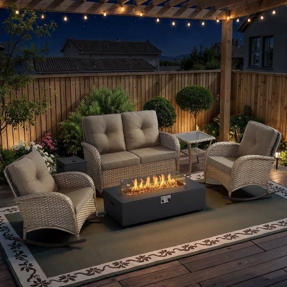 Opohoro 6-Piece Outdoor Patio Fire Pit Set with Gliding Loveseat and Flat Arm, 43" Fire Pit Table, Propane Tank Cover for Deck Backyard