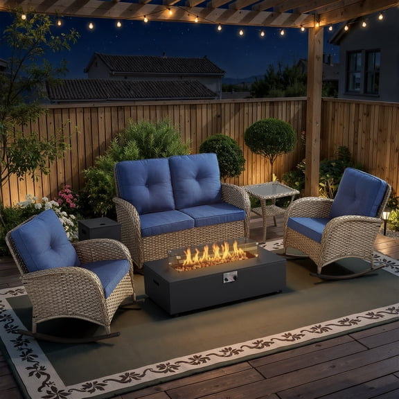 Opohoro 6-Piece Outdoor Patio Fire Pit Set with Gliding Loveseat and Flat Arm, 43" Fire Pit Table, Propane Tank Cover for Deck Backyard