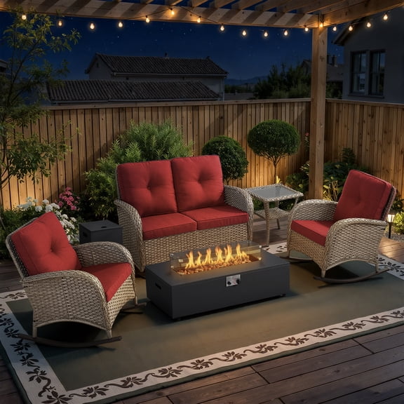 Opohoro 6-Piece Outdoor Patio Fire Pit Set with Gliding Loveseat and Flat Arm, 43" Fire Pit Table, Propane Tank Cover for Deck Backyard