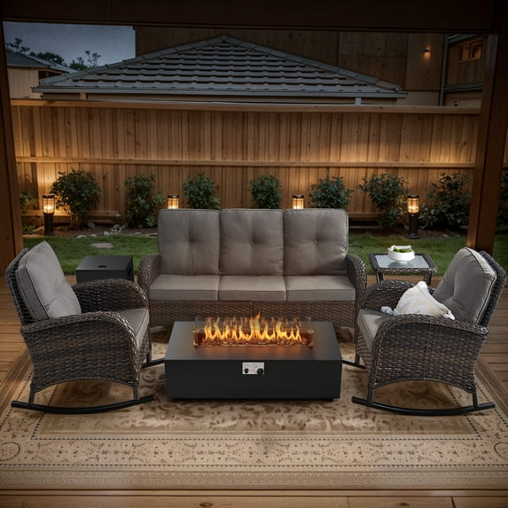 Opohoro 6-Piece Outdoor Patio Fire Pit Set with Sofa and Flat Arm, 43" Fire Pit Table, Propane Tank Cover for Deck Backyard