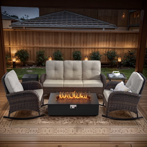 Opohoro 6-Piece Outdoor Patio Fire Pit Set with Sofa and Flat Arm, 43" Fire Pit Table, Propane Tank Cover for Deck Backyard