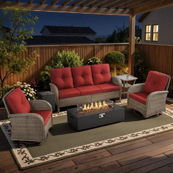 Opohoro 6-Piece Outdoor Patio Fire Pit Set with Sofa and Flat Arm, 43" Fire Pit Table, Propane Tank Cover for Deck Backyard