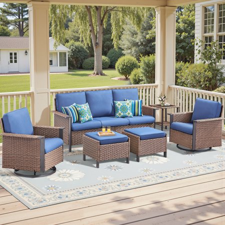 Opohoro 6-Piece Outdoor Wicker Conversation Set with Wide Armrest Sofa, Swivel Rockers, Side Table and Ottomans, for Patio Porch or Garden