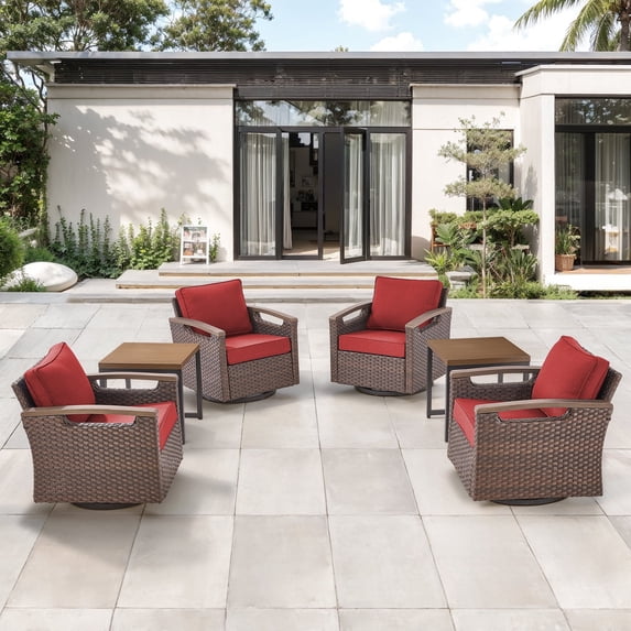 Opohoro 6-Piece Outdoor Wicker Conversation Set with Swivel Rockers and Side Tables for Patio, Porch, or Garden
