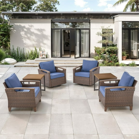 Opohoro 6-Piece Outdoor Wicker Chair Set with Swivel Rockers, Side Tables, for Patio Porch Garden, Blue
