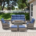thumbnail image 1 of Opohoro 6 Pieces Outdoor Conversation Set with 41" Rectangular Fire Pit Table, Gray Rattan Sofa Set with Swivel Rocker Chairs and Ottomans, Blue for Patio Backyard Deck, 1 of 15