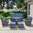 thumbnail image 1 of Opohoro 6 Pieces Outdoor Conversation Set with 43" Rectangular Fire Pit Table, Brown Rattan Sofa Set with Swivel Rocker Chairs and Ottomans, Blue for Patio Backyard Deck, 1 of 15