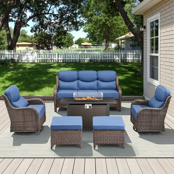 Opohoro 6 Pieces Outdoor Conversation Set with 43" Rectangular Fire Pit Table, Brown Rattan Sofa Set with Swivel Rocker Chairs and Ottomans, Blue for Patio Backyard Deck