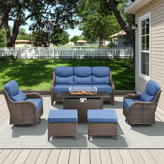 Opohoro 6 Pieces Outdoor Conversation Set with 43" Rectangular Fire Pit Table, Brown Rattan Sofa Set with Swivel Rocker Chairs and Ottomans, Blue for Patio Backyard Deck