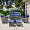 thumbnail image 1 of Opohoro 6 Pieces Outdoor Conversation Set with 43" Rectangular Fire Pit Table, Gray Rattan Sofa Set with Swivel Rocker Chairs and Ottomans, Blue for Patio Backyard Deck, 1 of 15