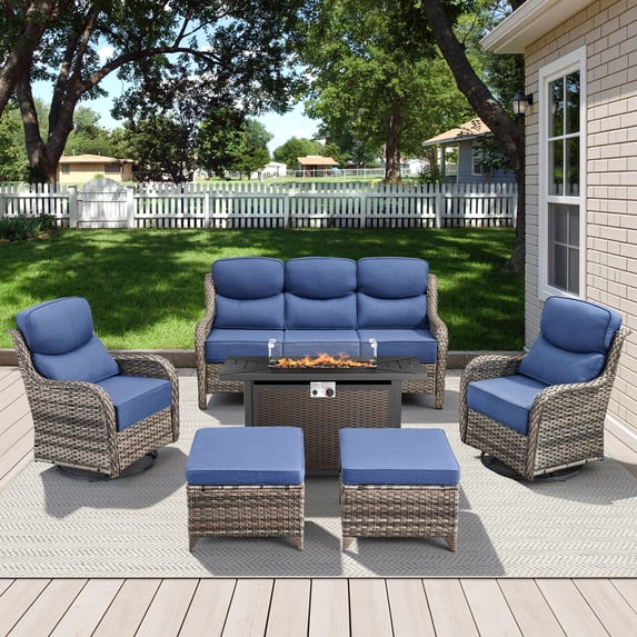 Opohoro 6 Pieces Outdoor Conversation Set with 43" Rectangular Fire Pit Table, Gray Rattan Sofa Set with Swivel Rocker Chairs and Ottomans, Blue for Patio Backyard Deck