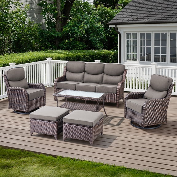 Opohoro 6 Pieces Outdoor Conversation Set, Brown Rattan Sofa Set with Swivel Rocker Chairs, 2 Ottomans and Coffee Table, Gray for Patio Backyard Porch