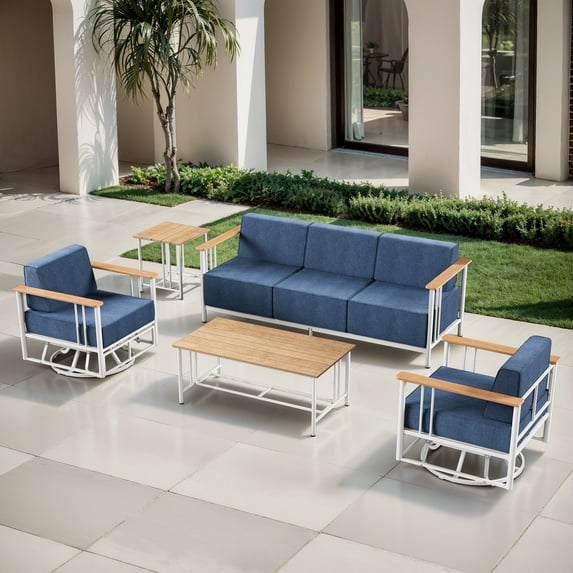 Opohoro 6-Pieces Outdoor Conversation Set with Patio Sofa, Swivel Rocking Chairs and Coffee Table, Blue