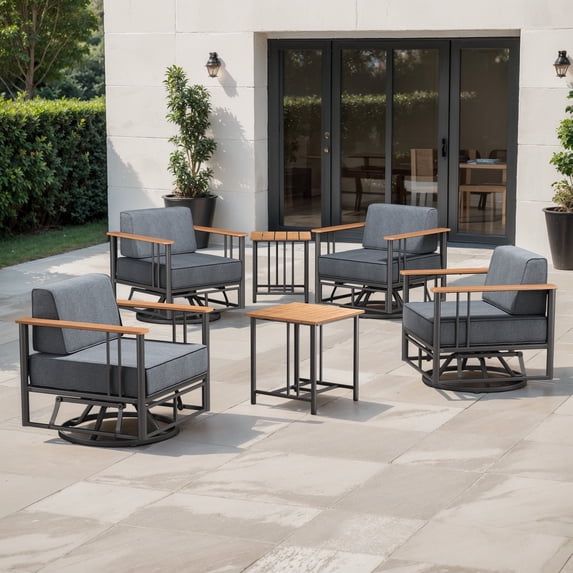 Opohoro 6-Pieces Outdoor Conversation Set with Swivel Rocker Chairs and Side Tables for Garden Backyard, Black