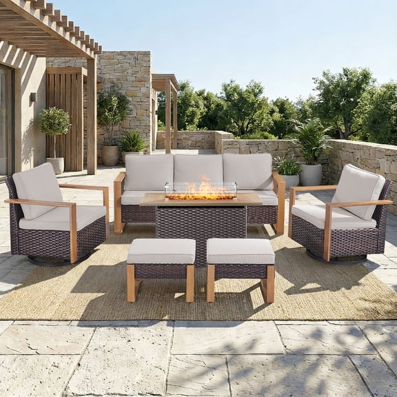 Opohoro 6PCS Outdoor Conversation Set with 43" Wicker Fire Pit Table, Brown Rattan Sofa Set with Swivel Rocker Chairs and Ottomans, Beige for Patio Backyard
