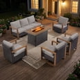 thumbnail image 1 of Opohoro 6PCS Outdoor Conversation Set with 43" Wicker Fire Pit Table, Brown Rattan Sofa Set with 4 Patio Chairs, Beige for Patio Backyard, 1 of 13