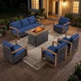 thumbnail image 1 of Opohoro 6PCS Outdoor Conversation Set with 43" Wicker Fire Pit Table, Brown Rattan Sofa Set with 4 Patio Chairs, Blue for Patio Backyard, 1 of 13