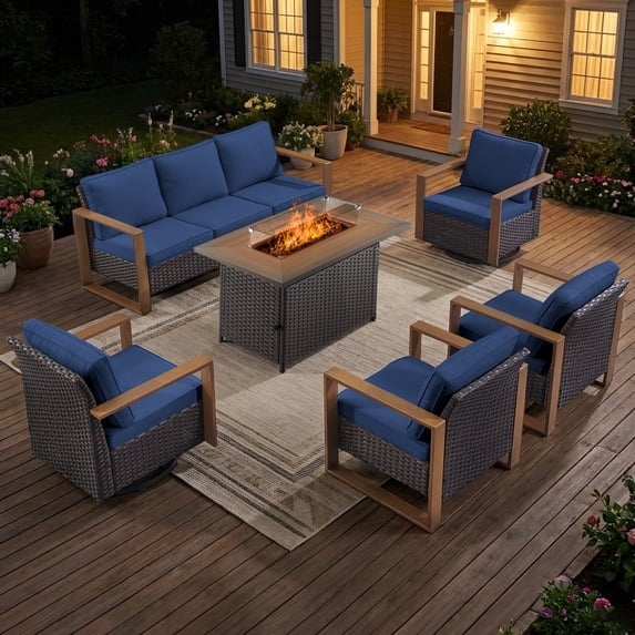 Opohoro 6PCS Outdoor Conversation Set with 43" Wicker Fire Pit Table, Brown Rattan Sofa Set with 4 Patio Chairs, Blue for Patio Backyard