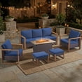 thumbnail image 1 of Opohoro 6PCS Outdoor Conversation Set with 43" Wicker Fire Pit Table, Brown Rattan Sofa Set with Lounge Chairs and Ottomans, Blue for Patio Backyard, 1 of 13